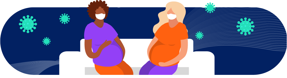 Duas grávidas juntas; grávidas são grupo de risco para covid e influenza